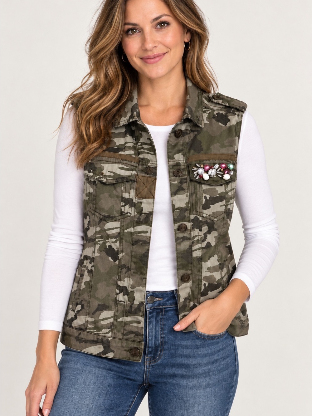 Dolled Up Camo Utility Vest Women’s Large Rhinestone Jeweled Military Cargo